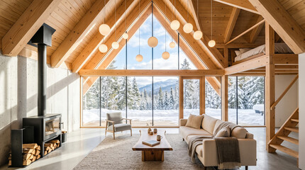 Fototapeta premium Modern wooden cabin living room huge triangular window snowy winter forest landscape view comfortable sofa black fireplace warm cozy mountain home interior