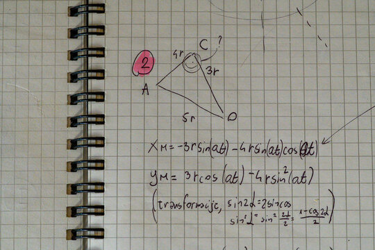 Handwritten geometry problem triangle trigonometric transformation