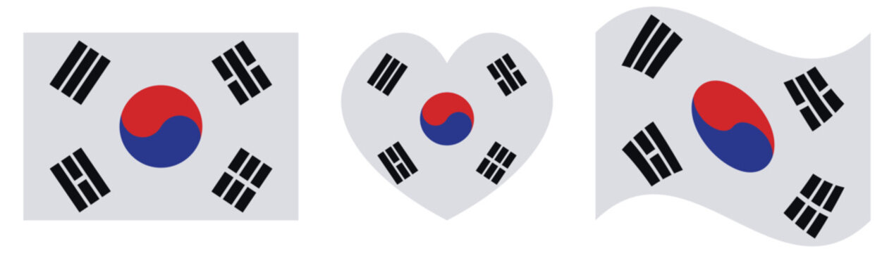 South Korea national flag collection featuring circle, rounded square and heart icon shapes, Taegeuk symbol and four black trigrams, flat vector illustration isolated on white background for travel an