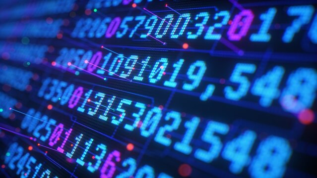 Close-up abstract digital graphic featuring repeating numeric and alphanumeric characters in a blue LED dot matrix style, enhanced by glowing orange and purple linear traces on a dark background, crea