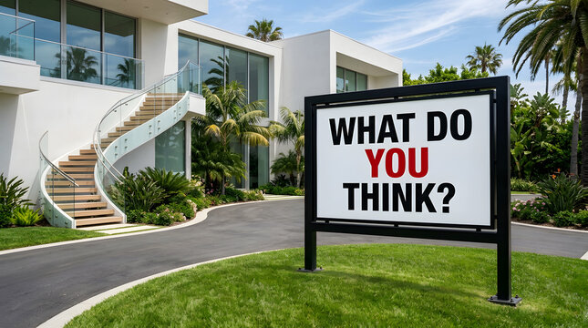 Large modern home with thought provoking sign in front yard
