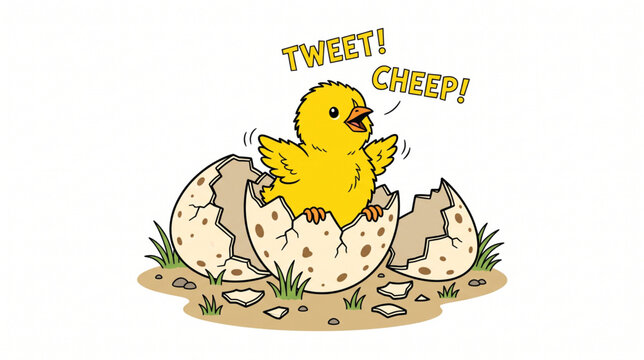 Cute cartoon yellow chick hatching from an egg shell chirping tweet cheep vector illustration
