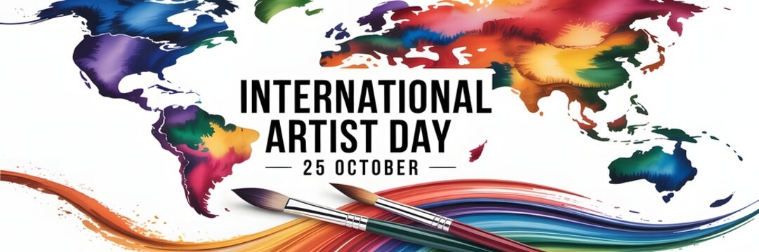 Celebrate International Artist Day with vibrant paint strokes, world map, and creative tools promoting artistic expression, imagination, culture, and appreciation for artists and creators worldwide