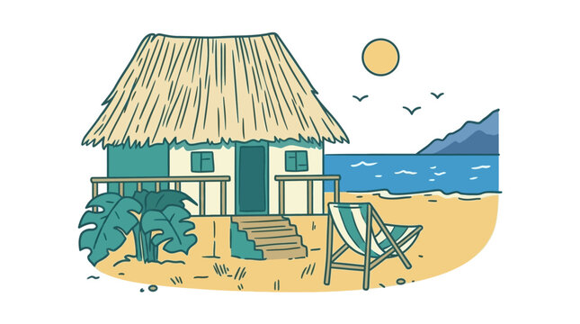 A charming tropical beach hut with a thatched roof and a lounge chair.