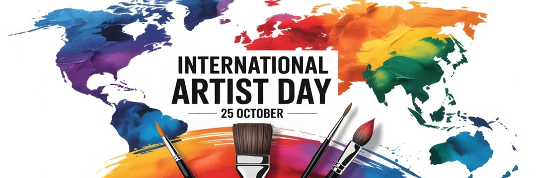 International Artist Day poster featuring colorful watercolor world map and art supplies celebrating creativity, artists, painting, drawing, cultural expression, and global artistic community worldwid