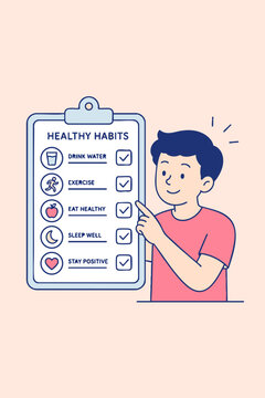 Man Checking Off Healthy Habits List Drink Water, Exercise, Eat Healthy, Sleep Well, Stay Positive