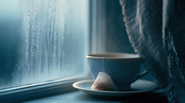 Steaming tea bag in blue cup on windowsill with condensation covered window
