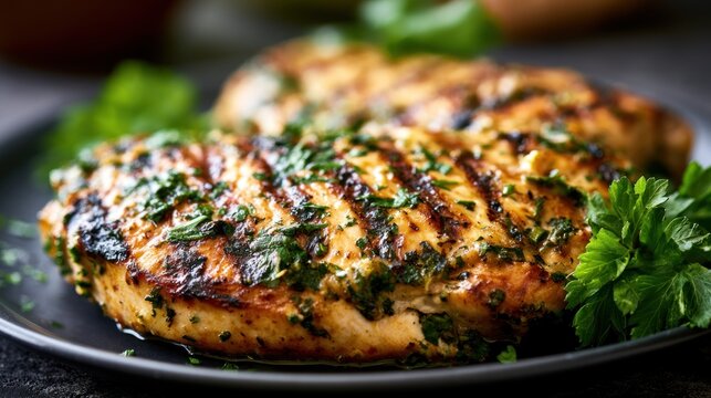 Close up of juicy grilled chicken breast with fresh parsley on a plate