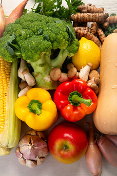 Fresh raw vegetables and fruits.