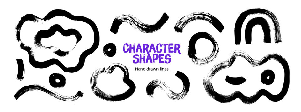 Grunge ink shapes. Brush arc collection. Simple black strokes. Curved lines, geometric figures set. Vector isolated illustration.