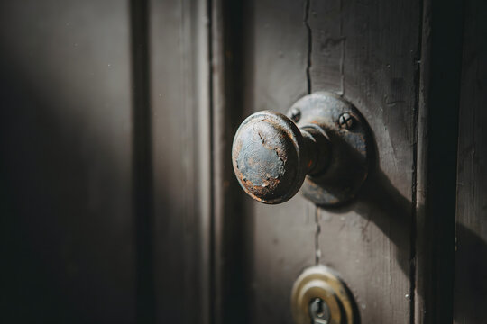 Close up of a weathered, rusted metal door knob on a dark wooden door with visible wood grain texture and a keyhole plate below the handle