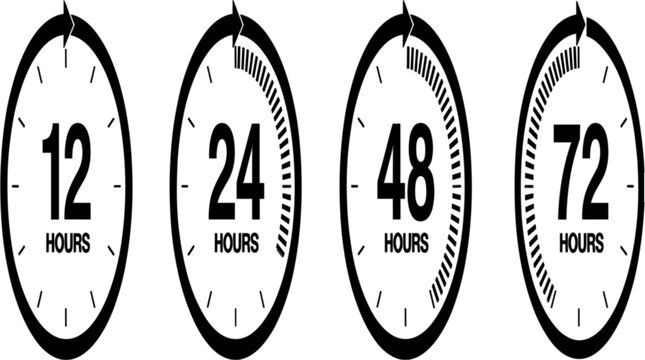 Time Loop Clock Icon Set with 12 24 48 and 72 Hours Delivery Shipping Work Duration and Project Deadline Signs Vector Illustration