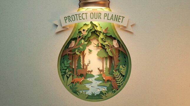 Protect Our Planet concept with paper cut forest inside a glowing light bulb