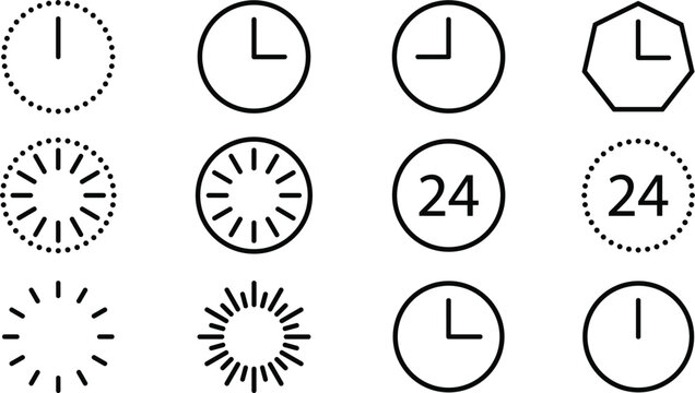 Minimal line clock face icon collection showing twenty four hour service dials and abstract geometric timing symbols
