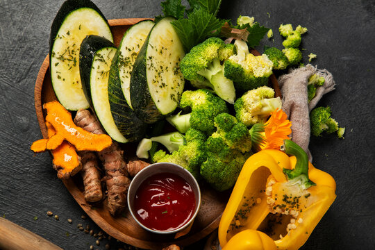Assortment of colorful fresh vegetables for cooking.