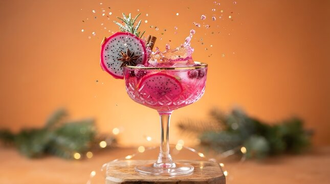 Splashing pink cocktail in elegant martini glass with fresh raspberries and mint garnish