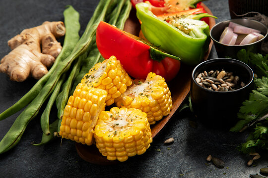 Assortment of colorful fresh vegetables for cooking.