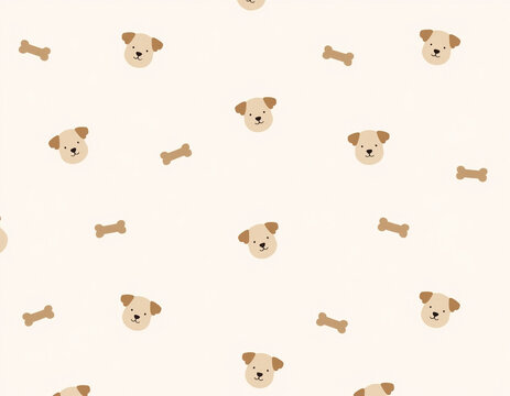 Seamless Pattern of Cute Dog Faces and Bones on Soft Beige Background For Fabric Packaging Design
