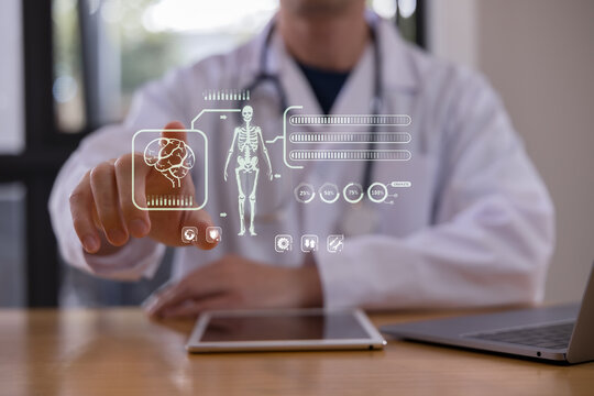 Doctor using a tablet with digital healthcare interface showing human body and organ data, representing medical technology, patient monitoring, diagnosis, telemedicine smart hospital innovation.