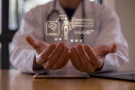 Doctor using a tablet with digital healthcare interface showing human body and organ data, representing medical technology, patient monitoring, diagnosis, telemedicine smart hospital innovation.