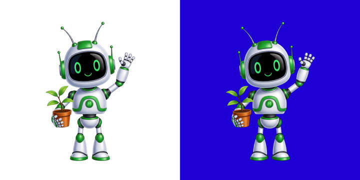 Friendly green and white robot waving hand holding a small plant