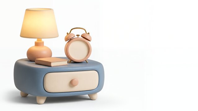 Cute 3D cartoon bedside table with lamp and blank clock