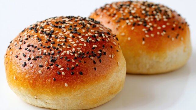 Two golden brown burger buns topped with sesame and black seeds on a white background