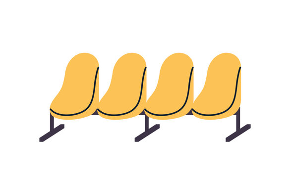 Plastic chairs connected in seat row for public waiting area. Airport, clinic and stadium furniture, bench for sitting in queue. Flat vector illustration isolated on white background.
