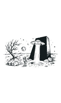 Astronaut stands on an alien planet, observing a UFO emitting light near a mysterious monolith, rendered in a black and white illustration.