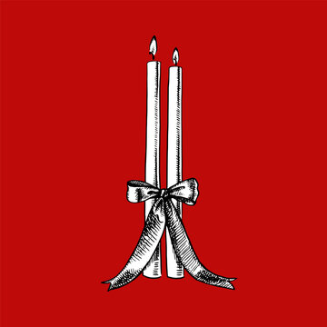 Vintage hand drawn candles with bow. Traditional Christmas sketch. Holiday retro isolated vector illustration.