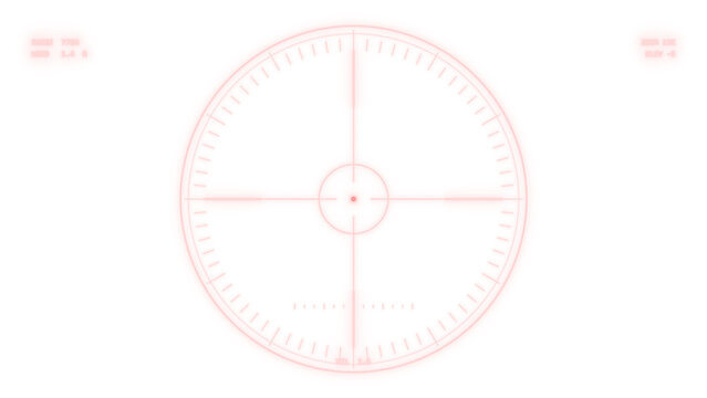 Military tactical scope overlay, bearing ring aiming point in red crimson, sniper rifle sight with range and windage marks on transparent background