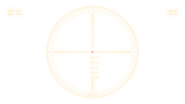 Military tactical scope overlay, holdover ladder reticle in amber orange, sniper rifle sight with range and windage marks on transparent background