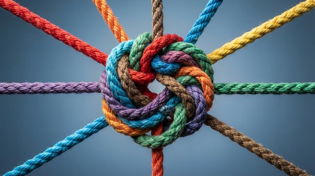 Colorful intertwined ropes forming a central knot, diverse multi-colored cords connected in unity, vibrant braided rope network for teamwork concept