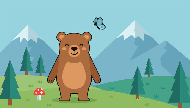 Cute cartoon bear standing in a grassy meadow with evergreen trees, snowy mountains, a red mushroom, and a flying butterfly.
