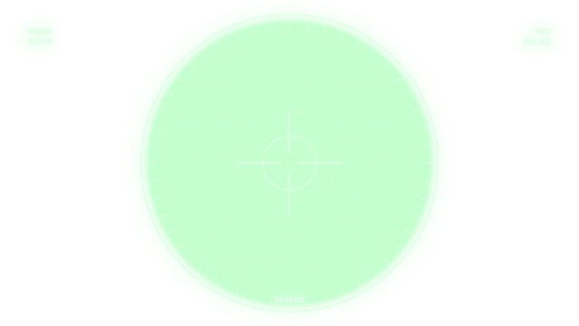 Night vision viewfinder overlay, scanner display screen in lime green, optical sight with scan lines and centre crosshair on transparent background