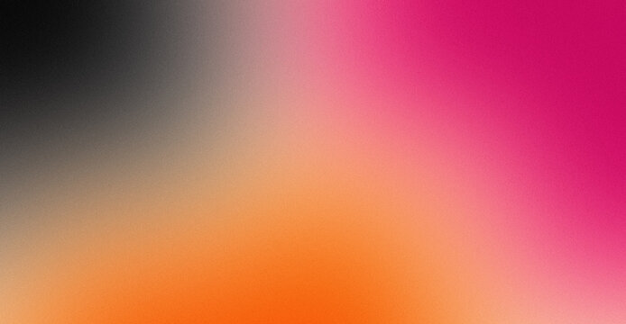 Vibrant Hot Pink, Glowing Orange, Coral, and Charcoal Black Abstract Gradient Background Featuring Heavy Grainy Noise Texture with Smooth Color Blend