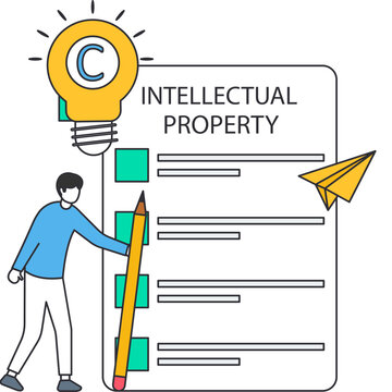 Intellectual property concept, copyright protection, patent law idea, author signing, legal document, creative innovation, business ownership, trademark rights, financial value, content creation