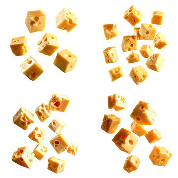 Clusters of Swiss cheese cubes on white background