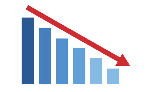 Business bar chart illustration showing a steady financial decline with a bold red arrow pointing downwards.