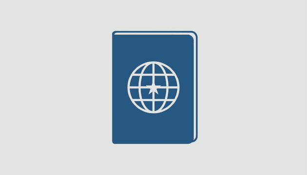 Simple flat vector icon of a blue international passport cover featuring a globe design centered on grey.