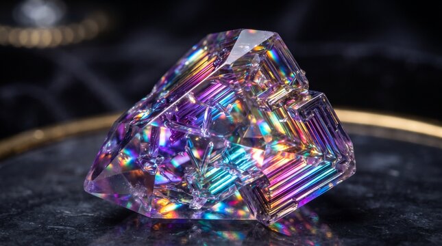Macro photograph of faceted synthetic bismuth crystal or rainbow fluorite with vibrant internal geometric refraction