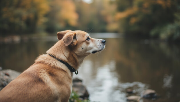 Profile View of Cute Brown Dog Sitting near Calm River in Forest During Autumn