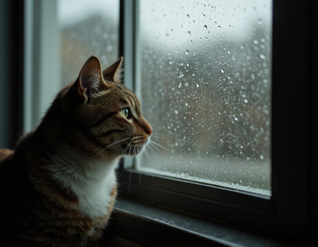 Side Profile of Cute Tabby Cat Sitting by Window Looking at Raindrops on Glass