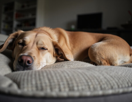 Close Up of Golden Dog Sleeping Peacefully on Soft Fabric Dog Bed at Home