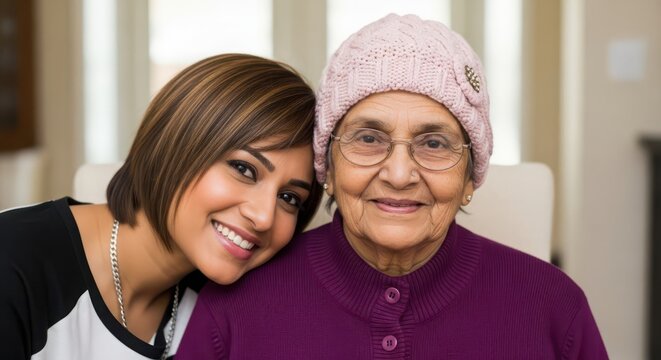A young woman leaning her head affectionately on her elderly grandmothers shoulder, capturing a tender moment of love, respect, and intergenerational connection