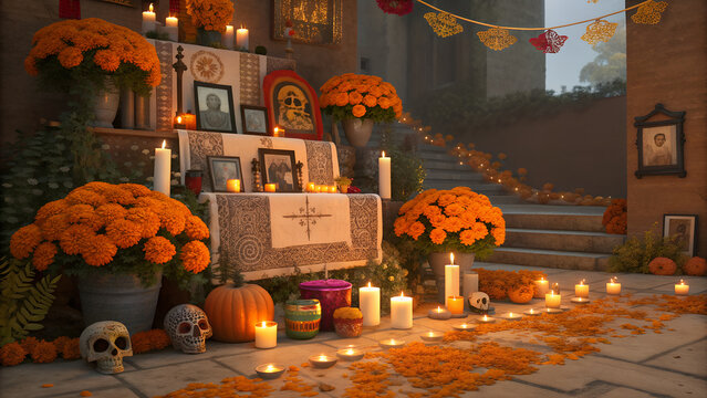 Authentic Mexican Dia de los Muertos ofrenda setup with memorial photographs and flowers.