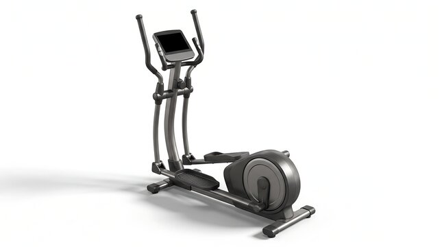 Modern elliptical cross trainer machine for home fitness isolated on white background.