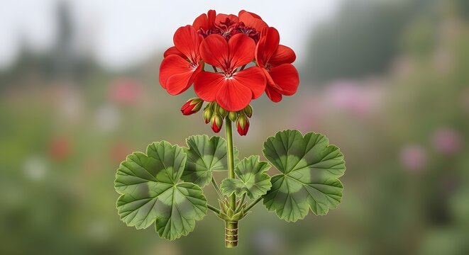 Beautiful blooming red geranium flower with green leaves and buds isolated against a soft blurred garden background in spring