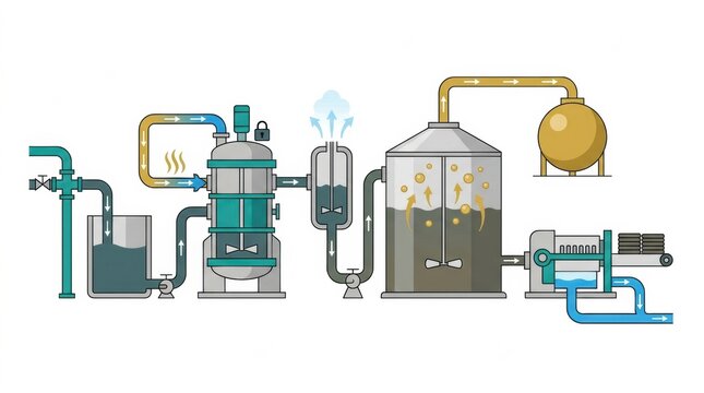 This shows the process of wastewater treatment in a facility including sludge treatment and hydrolysis steps.