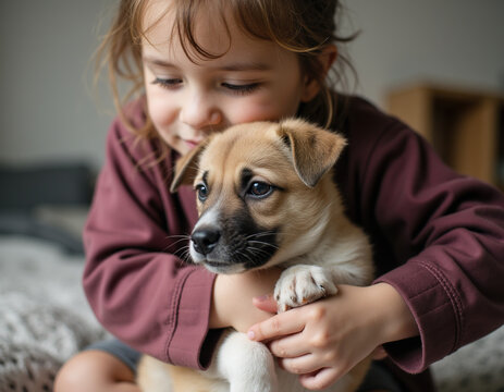 Happy Little Girl Hugging Cute Small Puppy with Love Indoors at Home